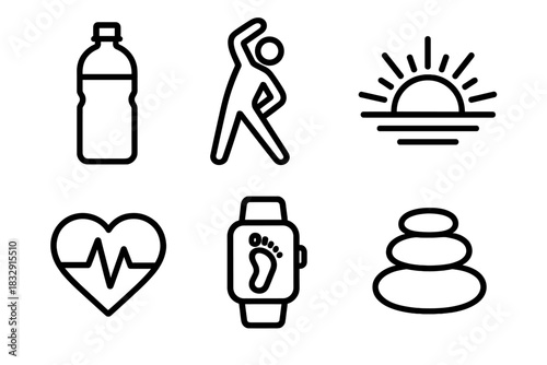 Wellness Icon Set. Energy and Balance linear icon set. water bottle, stretching figure, sunrise, heart pulse, step tracker, zen stone