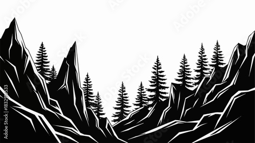 Black and white graphic illustration of a mountain valley with pine trees.