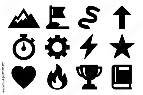 Bold Icon Set. Persistence silhouette icon set. mountain, flag, path, arrow, stopwatch, gear, lightning bolt, star, heart, flame, trophy, book.