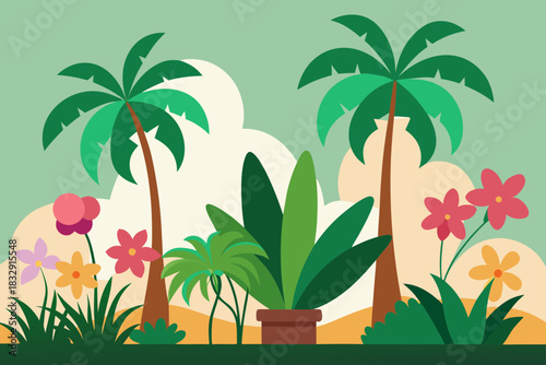 Vibrant tropical garden with palm trees and colorful flowers