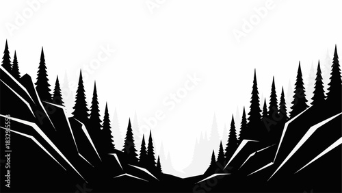 Silhouette of a forest and mountains in black and white scenery.