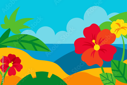 Vibrant tropical island landscape with hibiscus flowers and palm leaves