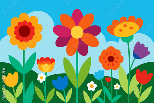 Bright and colorful cartoon flowers in a field under a blue sky