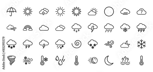 Weather forecast and climate line icon set. Vector pictograms of sun, clouds, rain, snow, wind, and temperature, thin linear illustration.