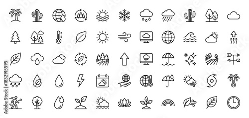 Climate and weather line icon set. Vector pictograms of rain cloud, sun, snowflake, thermometer, and leaf, thin linear illustration.