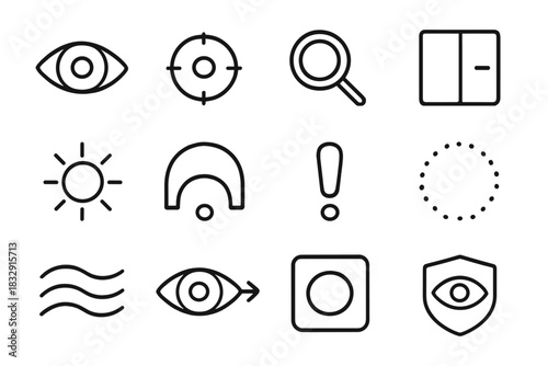 Vision Icons Collection. Visual Perception Collection linear icon set: eye outline, focus target, zoom symbol, contrast bar, brightness ray, viewpoint arc, attention mark, detail