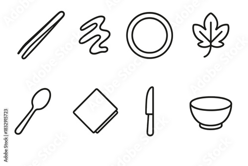 Culinary Icon Set. Culinary Plating linear icon set: chef tweezers, sauce drizzle, round plate, garnish leaf, spoon, napkin, knife, small bowl