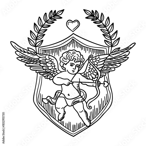 Cupid with bow and wings on shield emblem and laurel wreath
