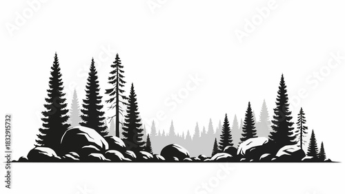Silhouette of forest trees and rocks in a natural landscape.