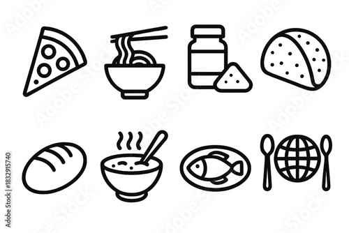 Global Cuisine Icons. World Cuisines linear icon set: pizza, noodles, spice jar, tortilla, bread, soup bowl, fish dish, globe with utensils