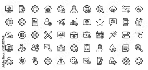 Settings and optimization line icon set. Vector pictograms of gear, computer, mobile, cloud, and tools, thin linear illustration.