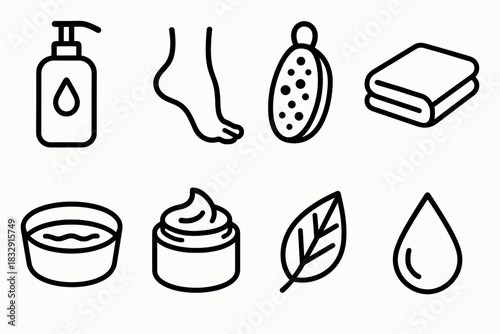 Foot Care Essentials. Foot skincare concept linear icon set: lotion bottle, foot outline, pumice stone, towel, water basin, cream jar, leaf, droplet
