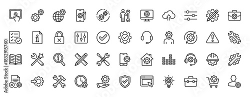 Technical support and settings line icon set. Vector pictograms of gear, repair, checklist, and tools, thin linear illustration.