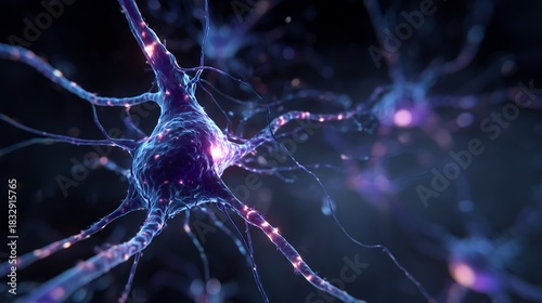 Detailed Neuron Network Visualization with Synaptic Activity and Blue Tones for Medical Research and Biotechnology Backgrounds in Cinematic Lighting Style