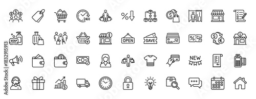 E-commerce and shopping line icon set. Vector pictograms of tag, wallet, shopping cart, credit card, and store, thin linear illustration.