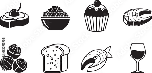 Assorted Food and Drink Icons in Black and White Keywords: food, drink, icon, set, collection