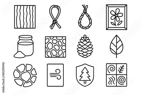 Nature Craft Icons. Field Craft Techniques linear icon set: bark rub tile, twig-binding loop, grass twist cord, pressed-petal frame, natural pigment jar, outdoor texture mat