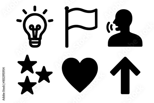 Bold Leadership Icons. Inspirational leadership silhouette icon set. light bulb, flag, person speaking, stars, heart, upward arrow.