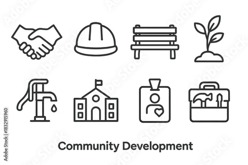 Community Growth Icons. Community Development linear icon set. handshake, construction helmet, park bench, tree sapling, water pump, school building, volunteer badge, toolbox