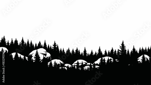 Black silhouette of a dense pine forest with large rocks.