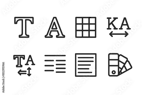 Typography Icons Grid. Typography Elements linear icon set: serif letter, sans-serif letter, type grid, kerning icon, font size scale, alignment lines, text layout, color swatch