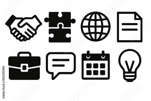 Brutalist Partnership Icons. Partnership Strategy silhouette icon set. handshake, puzzle pieces, globe, document, briefcase, chat bubble, calendar, light bulb