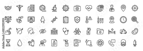 Medical healthcare and virus prevention line icon set. Vector pictograms of syringe, microscope, heart rate, ambulance, hospital, and mask, thin linear illustration.