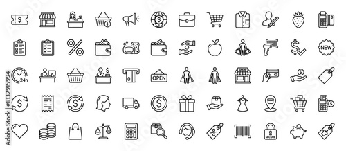 E-commerce and shopping line icon set. Vector pictograms of shopping carts, cash registers, delivery, payment, and retail, thin linear illustration.