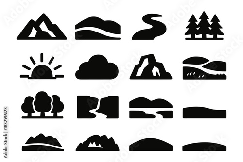 Brutalist Landscape Icons. Landscape Elements Set silhouette icon set: mountain silhouette, rolling hill, river bend, forest line, sun rising, cloud puff, rocky outcrop, meadow