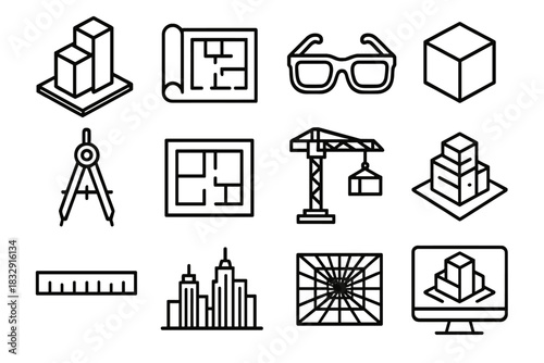 Augmented Architecture Elements. Architectural Augmented Design linear icon set. building model, blueprint, AR glasses, 3D cube, compass tool, floor plan, crane, hologram, ruler