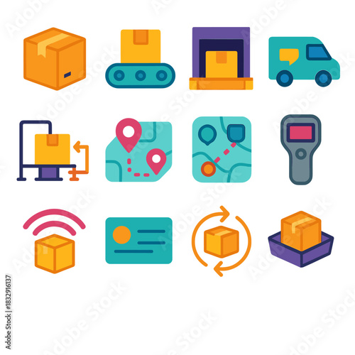 Logistics Icons Collection. Logistics Systems flat icon set: shipment box, conveyor belt, loading dock, delivery van, cross-dock layout, routing map, scanner device, fulfillment