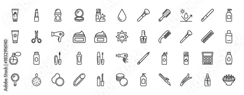 Beauty and cosmetic line icon set. Vector pictograms of makeup, hair tools, perfume, and skincare products, thin linear illustration.