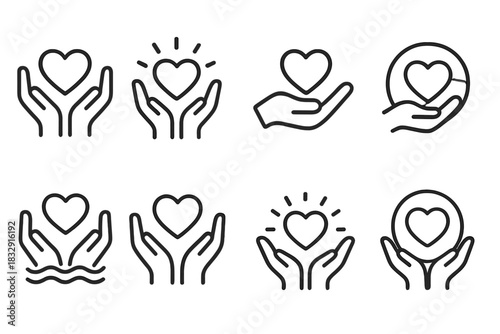 Nurturing Support Icons. General Care linear icon set: caring hands, heart glow, gentle touch icon, support circle, soft wave, warmth spark, comfort bubble, nurture symbol