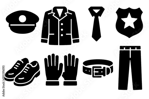 Brutalist Uniform Icons. Service Uniform Set silhouette icon set. cap, jacket, tie, badge, shoes, gloves, belt, pants.