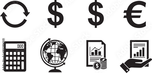 Financial and currency icons with calculator and globe