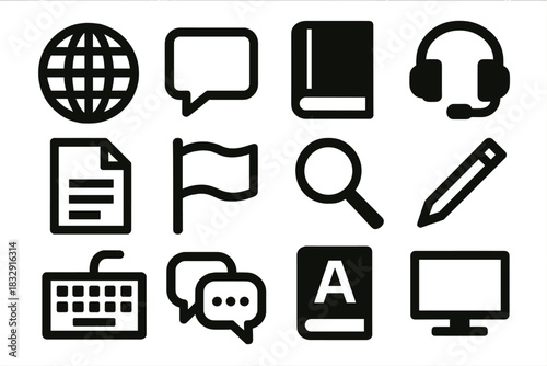 Brutalist Language Icons. Language Services silhouette icon set: globe, speech bubble, book, headset, text document, flag, magnifying glass, pen, keyboard, chat icon, dictionary