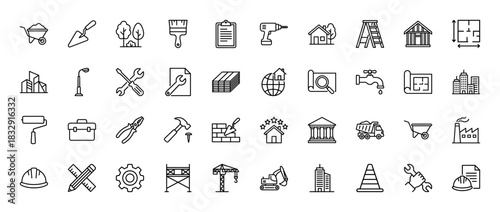 Construction line icon set. Vector pictograms of helmet, crane, drill, hammer, blueprint, wheelbarrow, excavator, ladder, paintbrush, thin linear illustration.