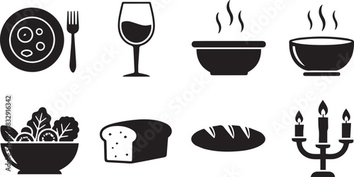 Food and drink icons set Keywords: plate, fork, wine glass, soup bowl, salad bowl, bread loaf