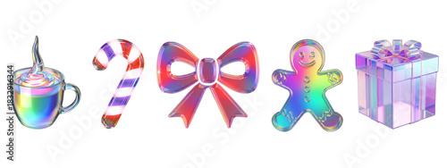 Collection of iridescent holographic christmas holiday icons including a mug, candy cane, bow, gingerbread man, and gift box isolated on transparent background