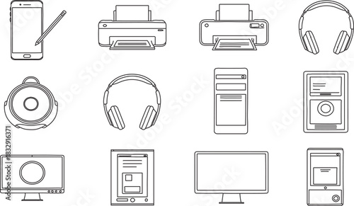 Collection of Electronic Devices and Gadgets in Minimalist Outline Style for Technology and Communication Needs