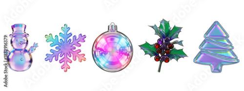 Collection of iridescent holographic christmas and winter holiday icons including a snowman, snowflake, ornament, holly, and tree isolated on transparent background