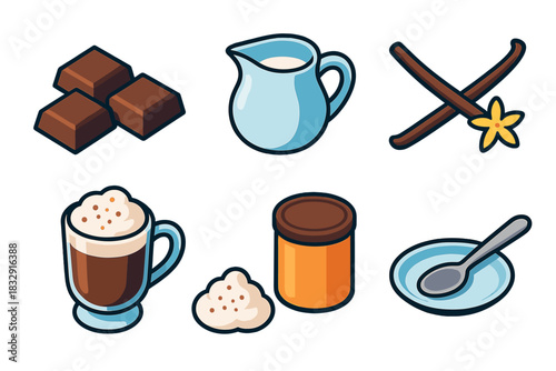 Gourmet Hot Chocolate Icons. Gourmet Hot Chocolate flat icons set. dark chocolate squares, milk jug, cocoa powder tin, vanilla pod, glass mug, frothy top, sprinkle of nutmeg