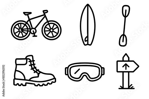 Outdoor Adventure Icons. Outdoor Sports Set linear icon set: mountain bike, surfboard, kayak paddle, hiking boot, ski goggles, trail marker