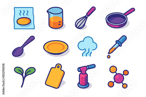 Modern Gastronomy Icons. Modern gastronomy flat icon set: sous-vide bag, beaker, whisk, pan, foam spoon, plate, steam cloud, dropper, microgreens, cutting board, torch, molecular