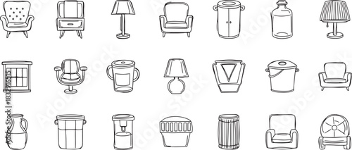 Collection of Hand Drawn Furniture Objects and Storage Items with Various Shapes and Styles Isolated on White Background