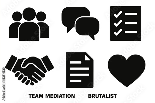 Brutalist Team Mediation Icons. Team mediation silhouette icon set. group of people, chat bubbles, checklist, handshake, document, heart.