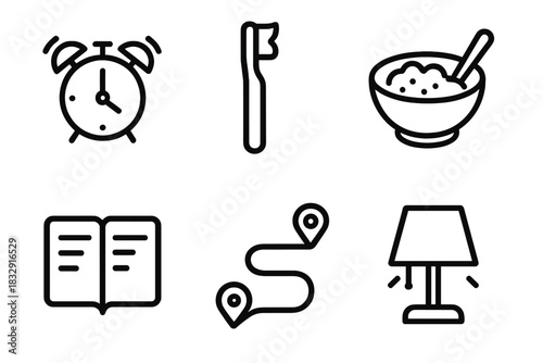 Daily Routine Icons. Daily Routine linear icon set: wake-up clock, toothbrush, breakfast bowl, planner, commute path, bedtime lamp