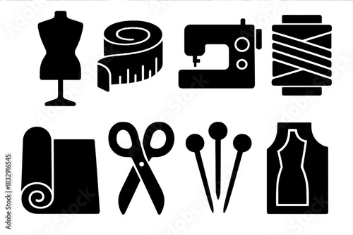 Bold Fashion Icons. Fashion Studio silhouette icon set: mannequin, measuring tape, sewing machine, thread spool, fabric roll, scissors, pins, pattern sheet