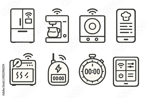 Smart Kitchen Icons. Smart Kitchen Devices set of icons in doodle hand-drawn vector style: smart fridge, coffee maker, induction stove, recipe app, sensor oven, energy meter