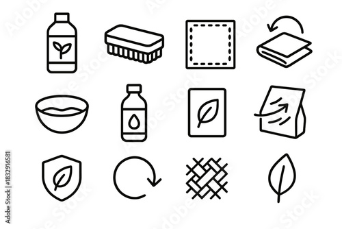 Eco-Friendly Care Kit Icons. Green Material Care Kit linear icon set: plant-based detergent, soft bristle brush, repair patch, renew cloth icon, gentle soak bowl, natural oil
